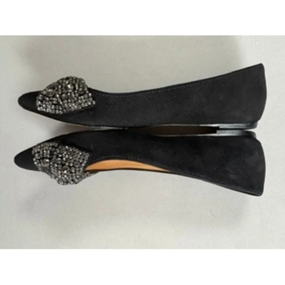 Tory Burch Black Suede Crystal Bow Vanessa Pointed Toe Ballet Flats Shoes 5.5